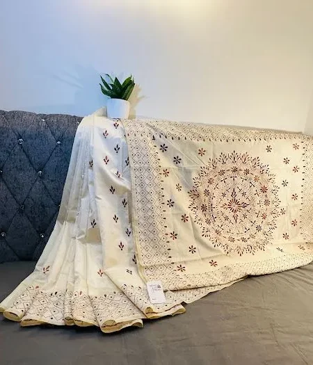 Elegant Off-white and Brown Hand Stitch Kantha Stitch Saree