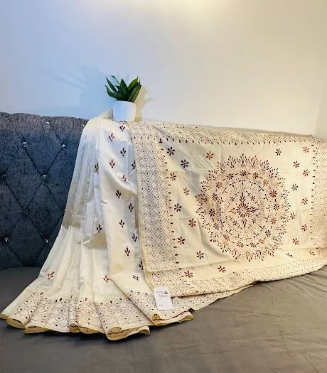 Elegant Off-white and Brown Hand Stitch Kantha Stitch Saree
