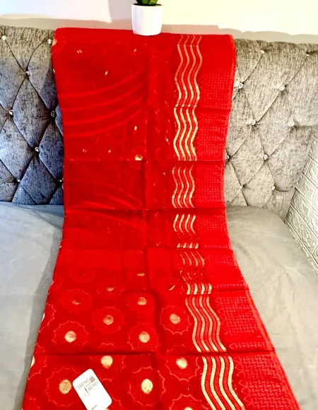 Elegant Red Silk Saree with Gold and Red Border