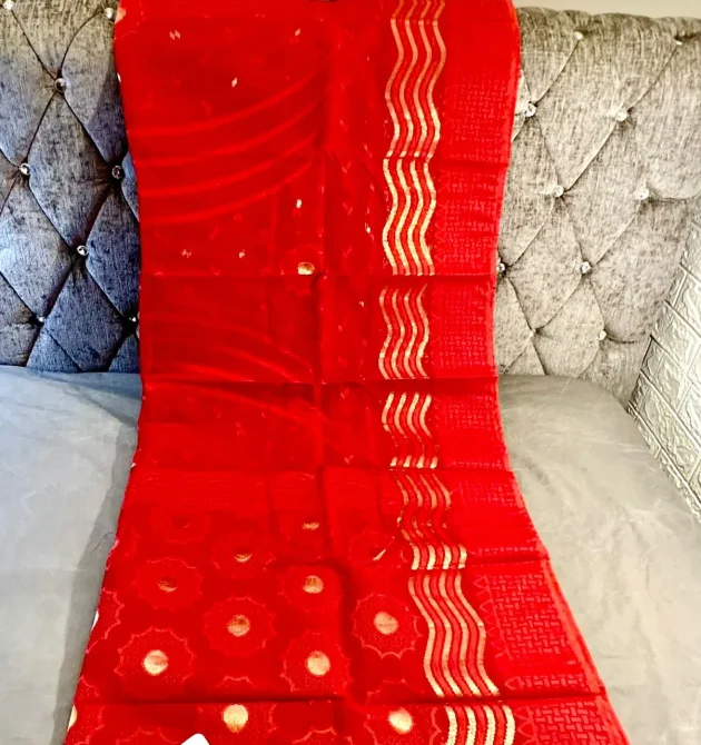 Elegant Red Silk Saree with Gold and Red Border