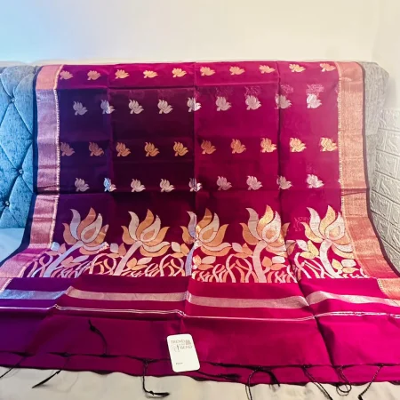 Graceful Magenta Silk Saree with Lotus Motifs and Lustrous Borders