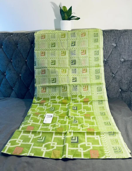 Lime Green Saree with Geometric Pattern and Subtle Accents