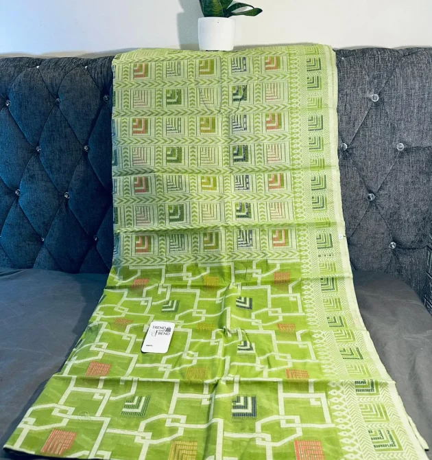 Lime Green Saree with Geometric Pattern and Subtle Accents