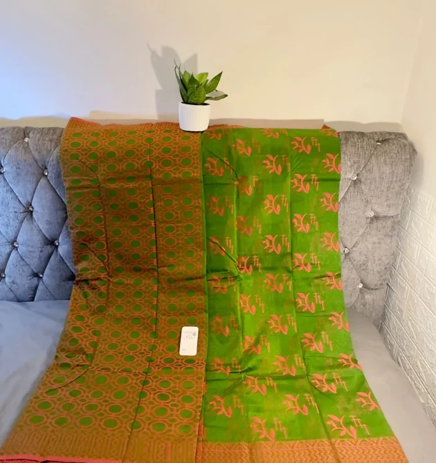 Olive Green Silk Saree with Circular and Floral Motifs