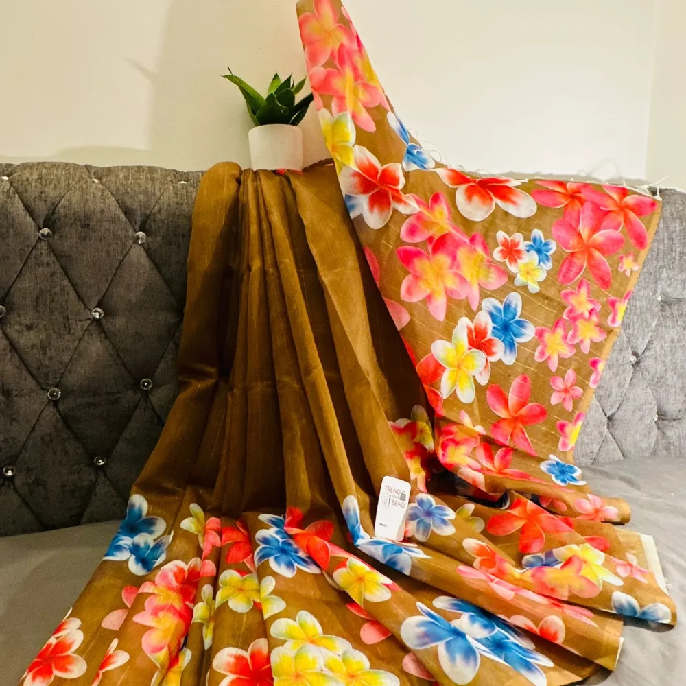 Spring Special Brown and Yellow Floral Digital Luxury Printed Silk Saree