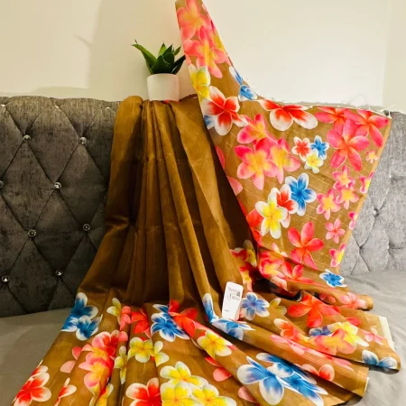 Spring Special Brown and Yellow Floral Digital Luxury Printed Silk Saree