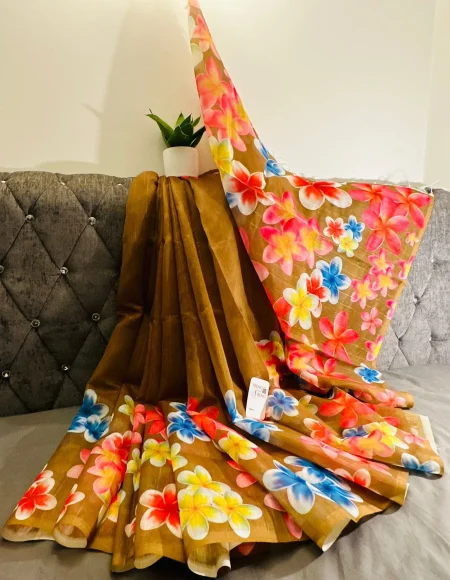 Spring Special Brown and Yellow Floral Digital Luxury Printed Silk Saree