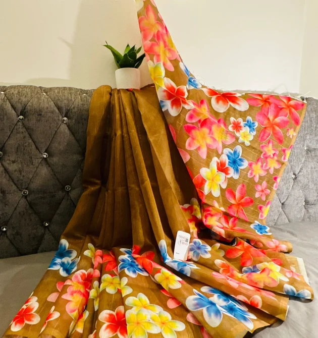 Spring Special Brown and Yellow Floral Digital Luxury Printed Silk Saree