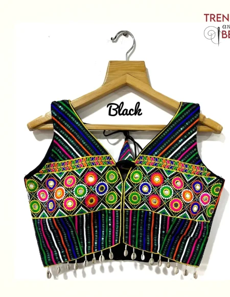 Vibrant Multi-Color Embroidered Black Base Gujarati Blouse Fornt