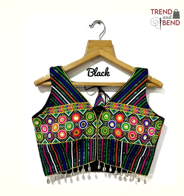 Vibrant Multi-Color Embroidered Black Base Gujarati Blouse Fornt