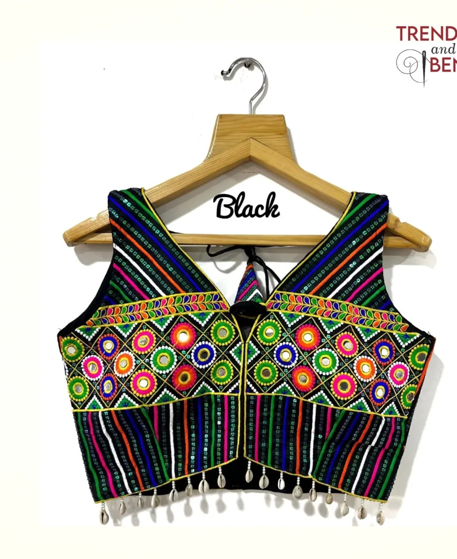 Vibrant Multi-Color Embroidered Black Base Gujarati Blouse Fornt