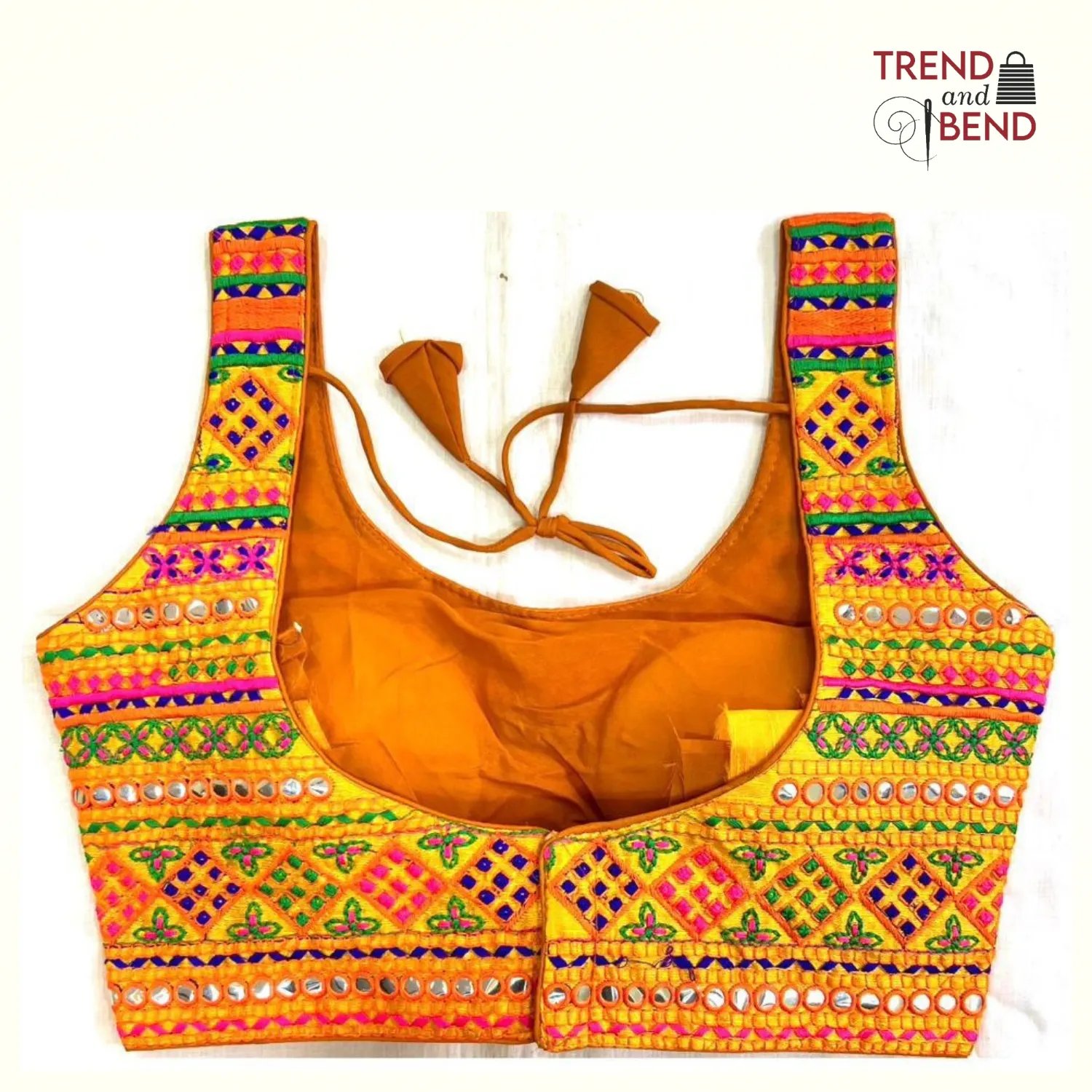 Vibrant Multi-Color Embroidered Orange Base Gujarati Blouse Back