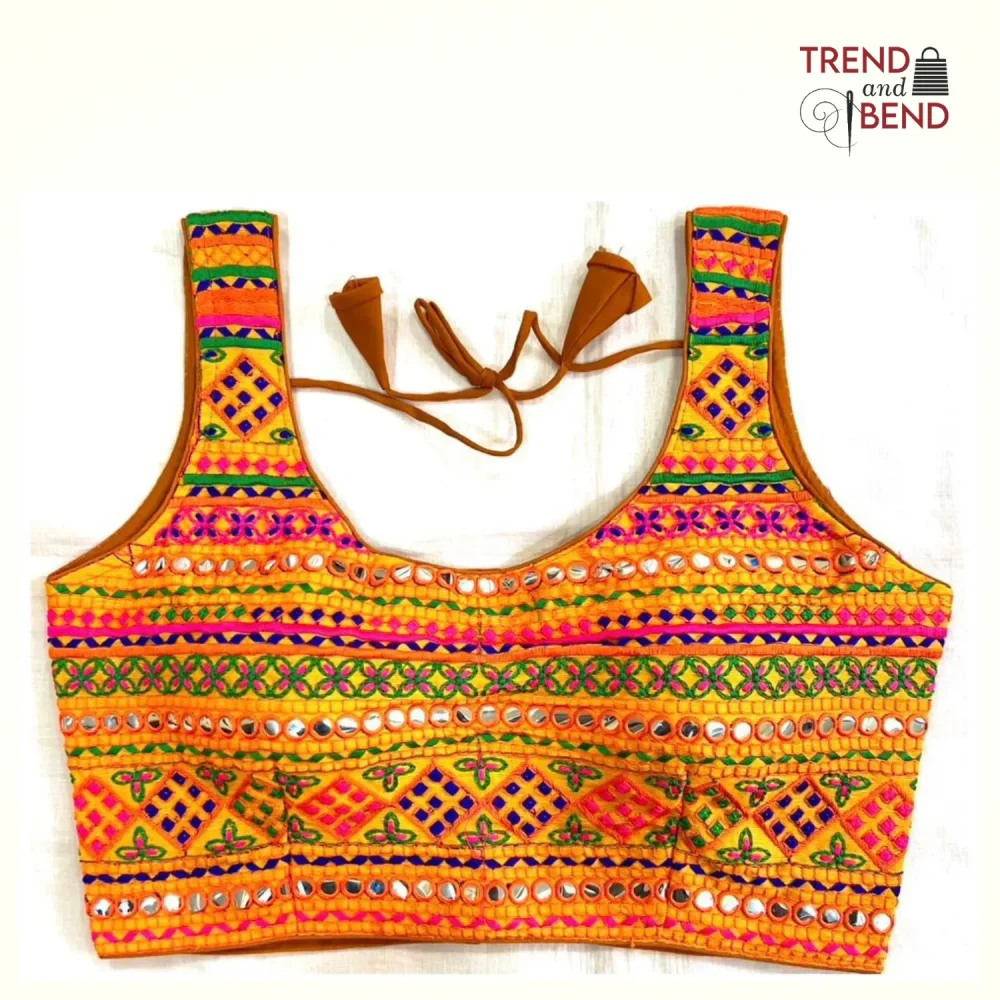 Vibrant Multi-Color Embroidered Orange Base Gujarati Blouse Fornt