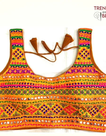 Vibrant Multi-Color Embroidered Orange Base Gujarati Blouse Fornt