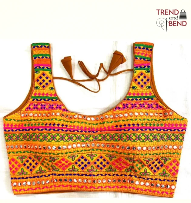 Vibrant Multi-Color Embroidered Orange Base Gujarati Blouse Fornt