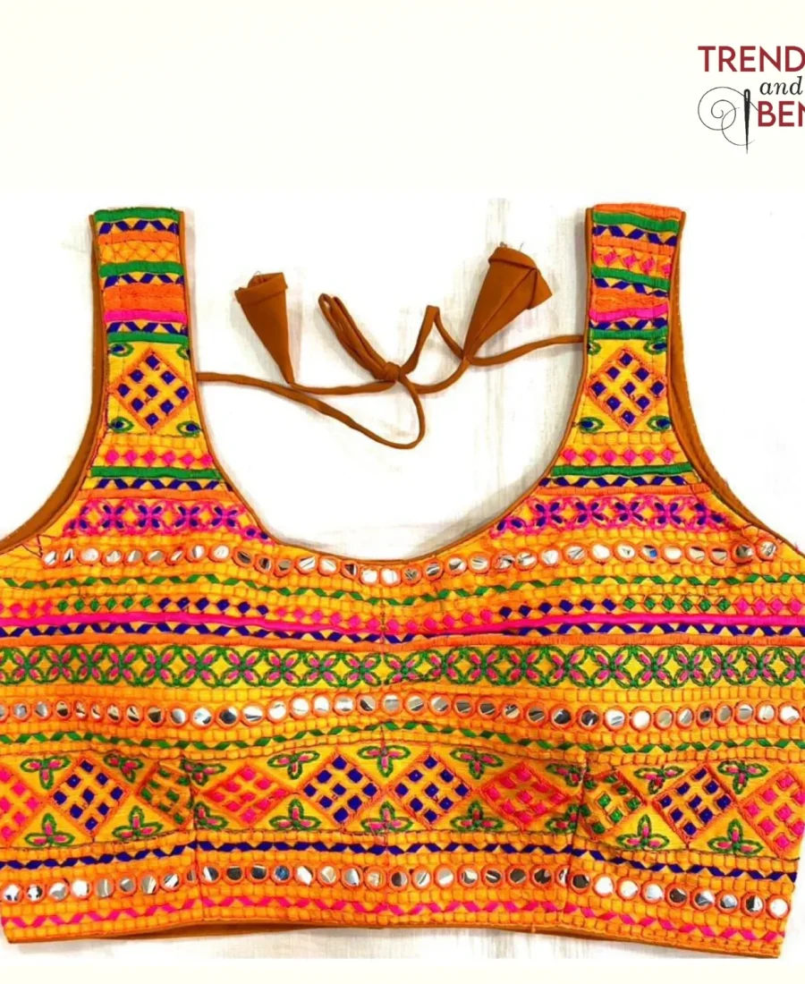 Vibrant Multi-Color Embroidered Orange Base Gujarati Blouse Fornt