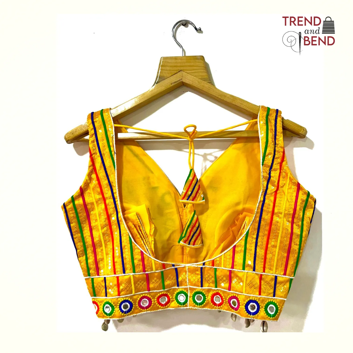 Vibrant Multi-Color Embroidered Yellow Base Gujarati Blouse Back