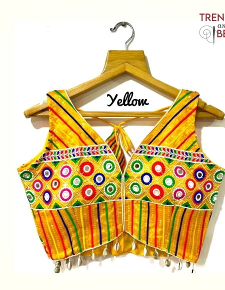 Vibrant Multi-Color Embroidered Yellow Base Gujarati Blouse Fornt
