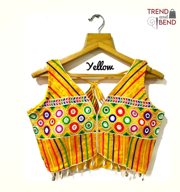 Vibrant Multi-Color Embroidered Yellow Base Gujarati Blouse Fornt