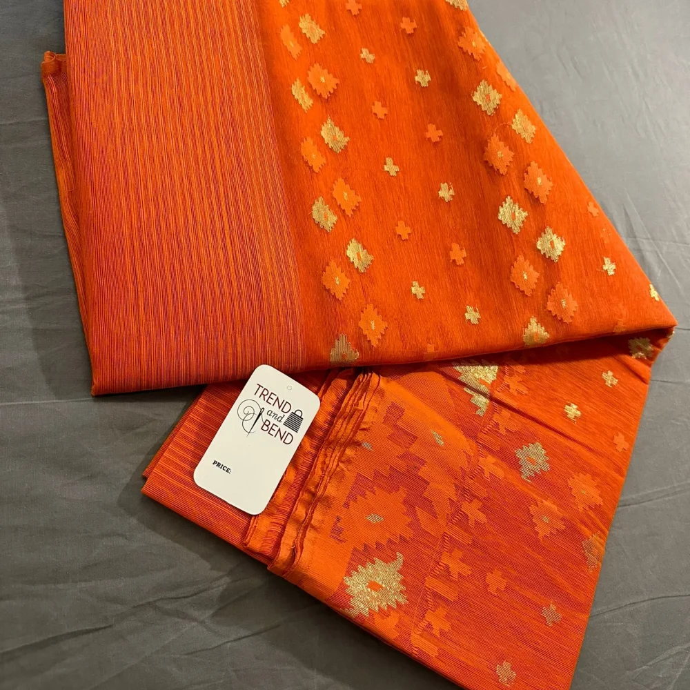 Vibrant Orange Dhakai Jamdani Saree with Golden Motifs 64-Count