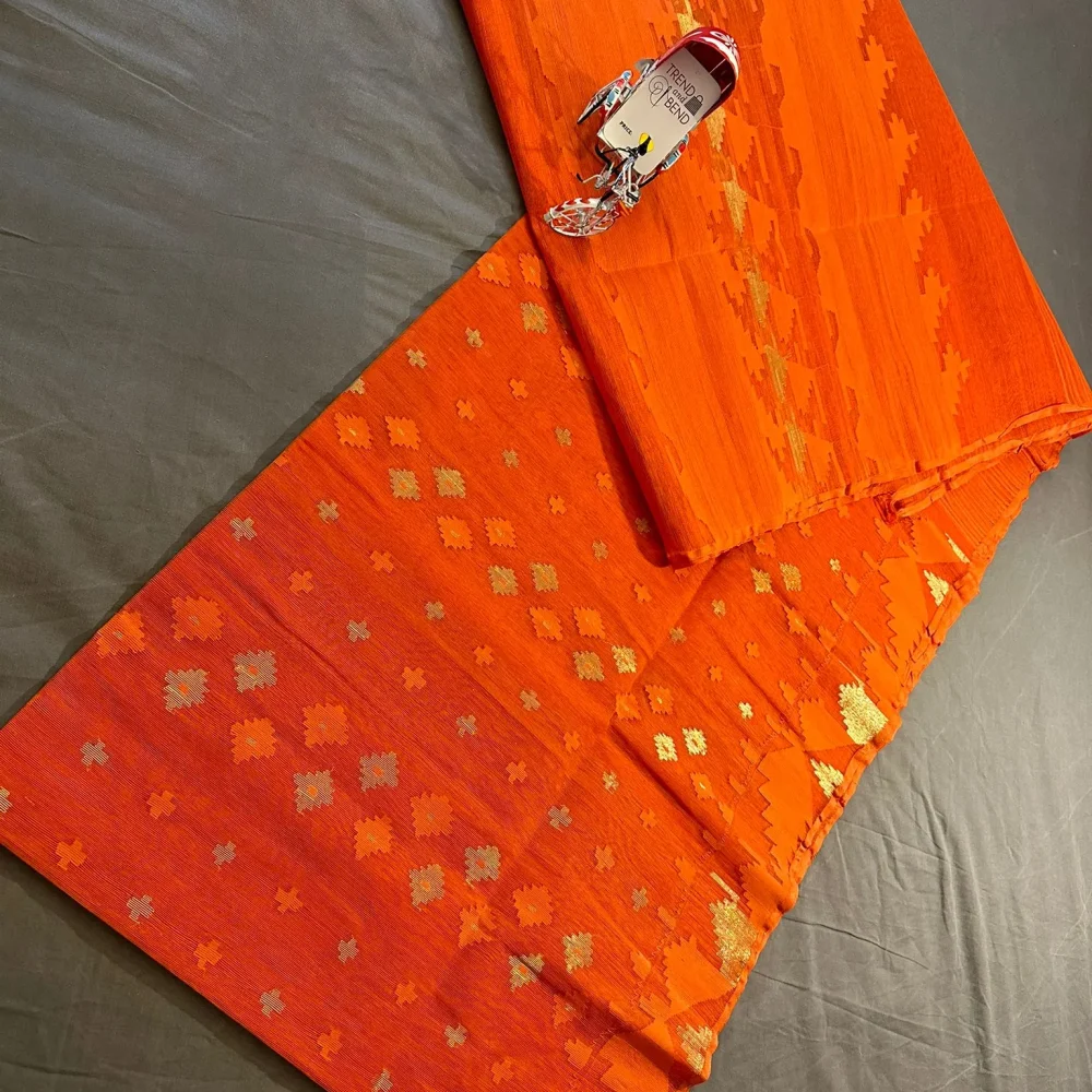 Vibrant Orange Dhakai Jamdani Saree with Golden Motifs 64-Count