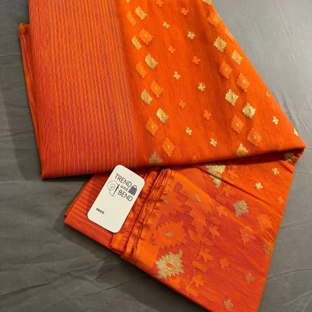 Vibrant Orange Dhakai Jamdani Saree with Golden Motifs 64-Count