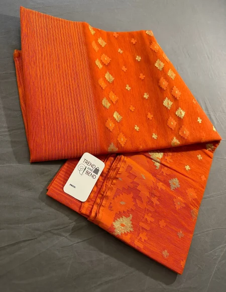 Vibrant Orange Dhakai Jamdani Saree with Golden Motifs 64-Count