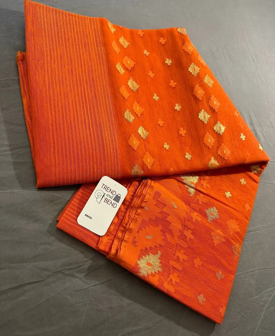 Vibrant Orange Dhakai Jamdani Saree with Golden Motifs 64-Count