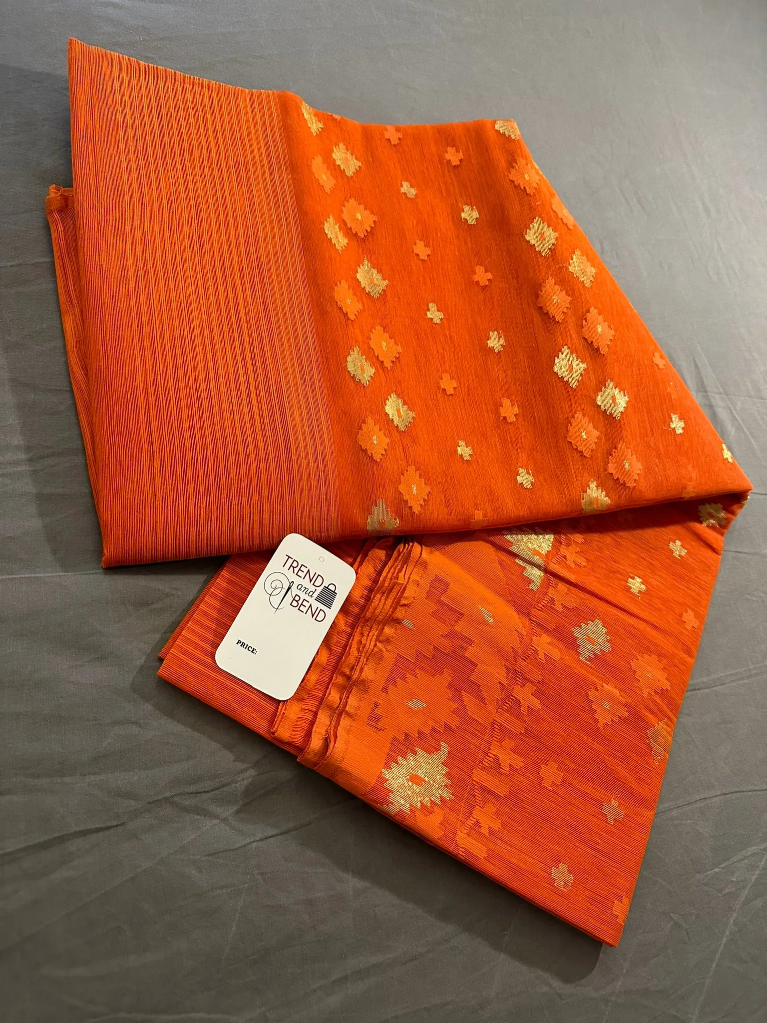 Vibrant Orange Dhakai Jamdani Saree with Golden Motifs 64-Count